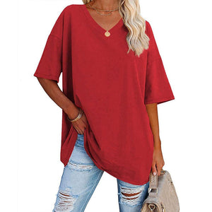 Damen lockeres halbärmliges T-Shirt mit V-Ausschnitt aus Baumwolle