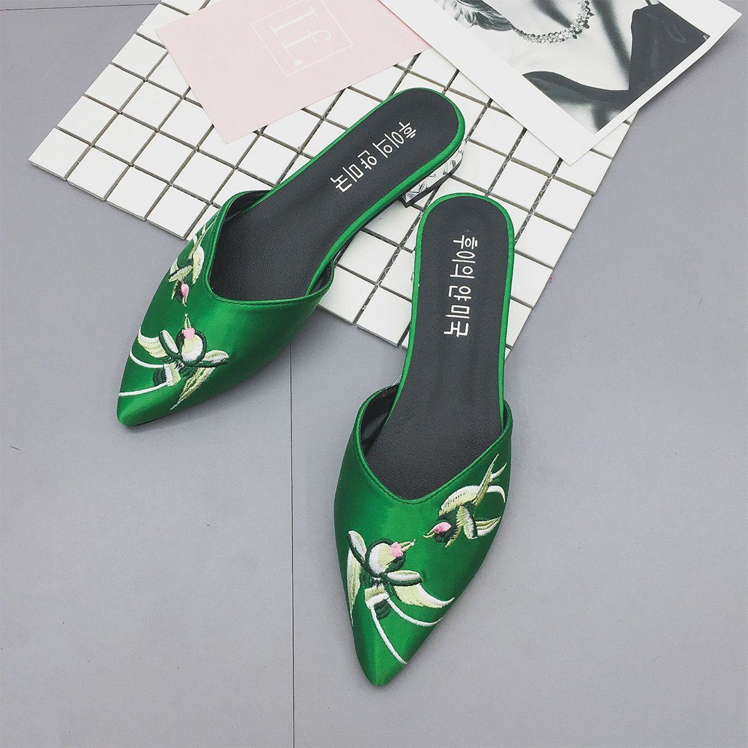 Frauen Spitz Slip Flache Sandalen mit Stickerei Blumen