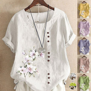 Kurzärmlige Bluse aus Baumwolle und Leinen mit Blumenmuster